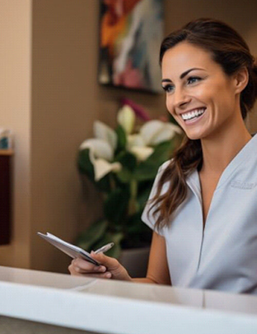 smiling dental team member standing behind front desk